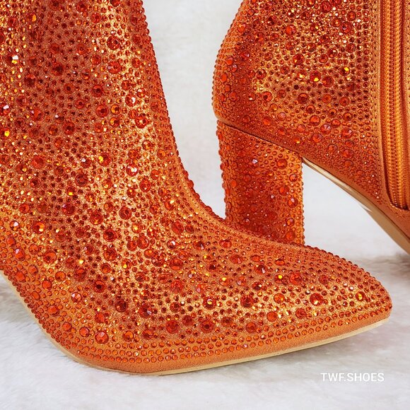 Crystel Orange Rhinestone Block Heel Ankle Boots - Picture 6 of 7